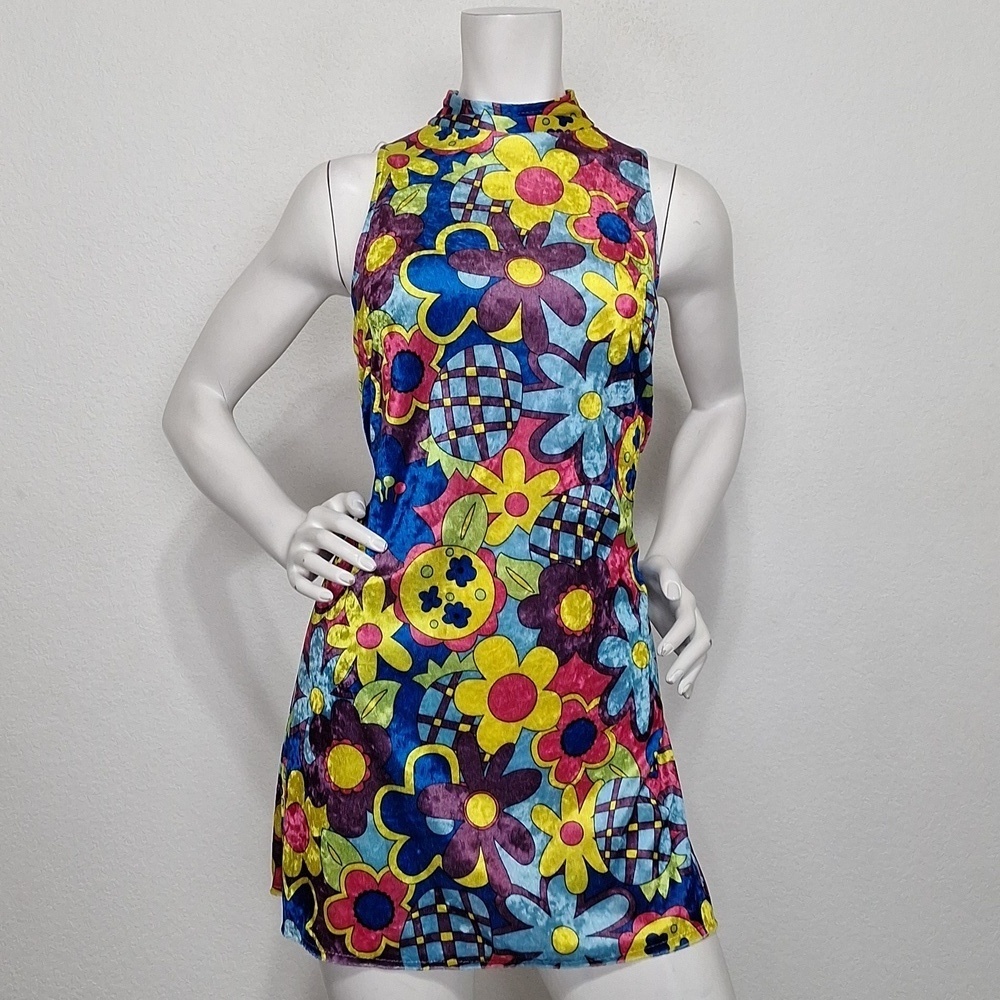 Forum Colorful Velvet Hippie Floral Colorful Retro Y2K Go-Go Mini Dress Size O/S